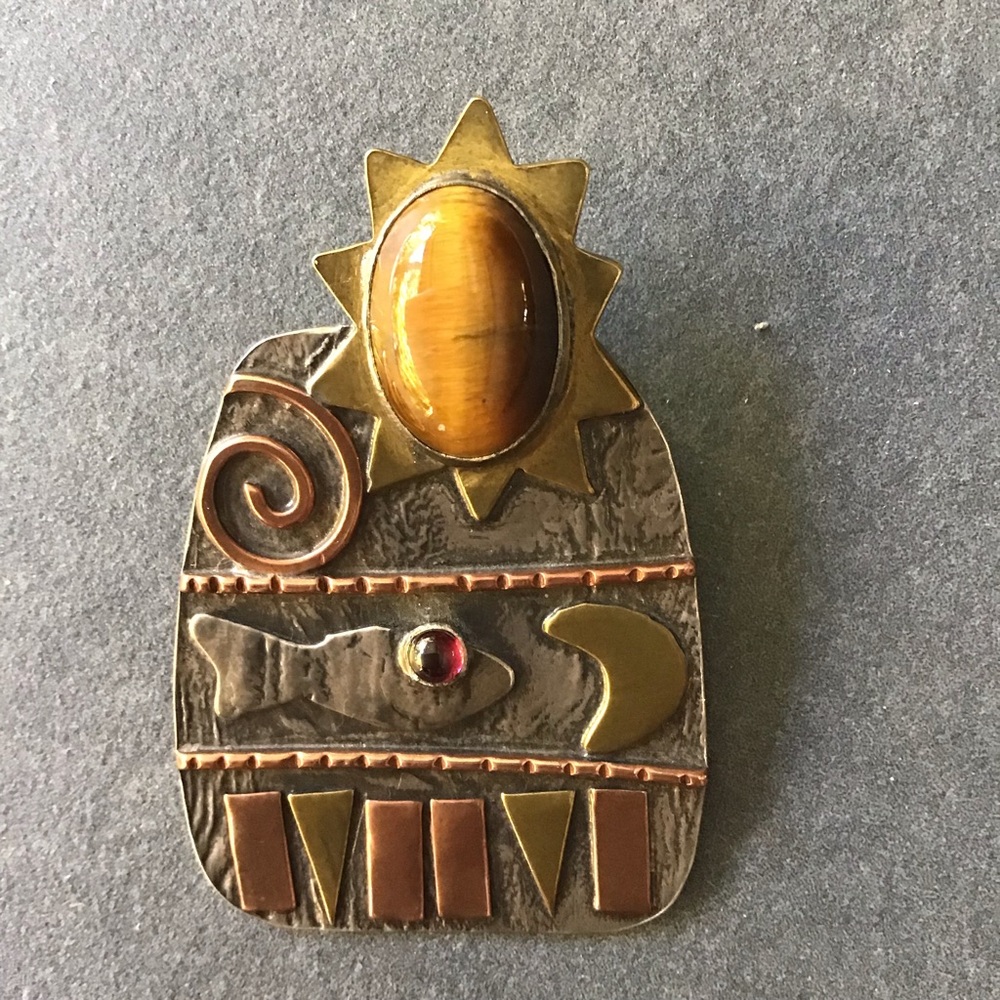 Sterling and Copper with Gemstones Sun and Fish Brooch